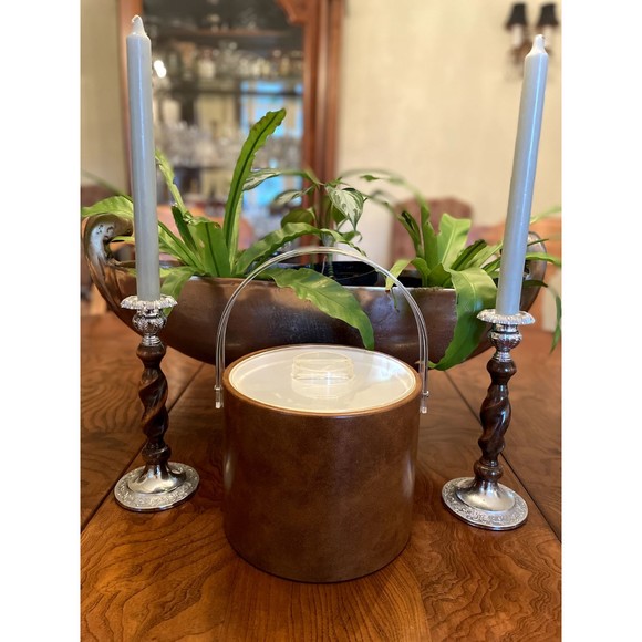 Vintage Georges Briard Tan Faux Leather Ice Bucket w/ Lucite Handle MCM - Picture 4 of 8